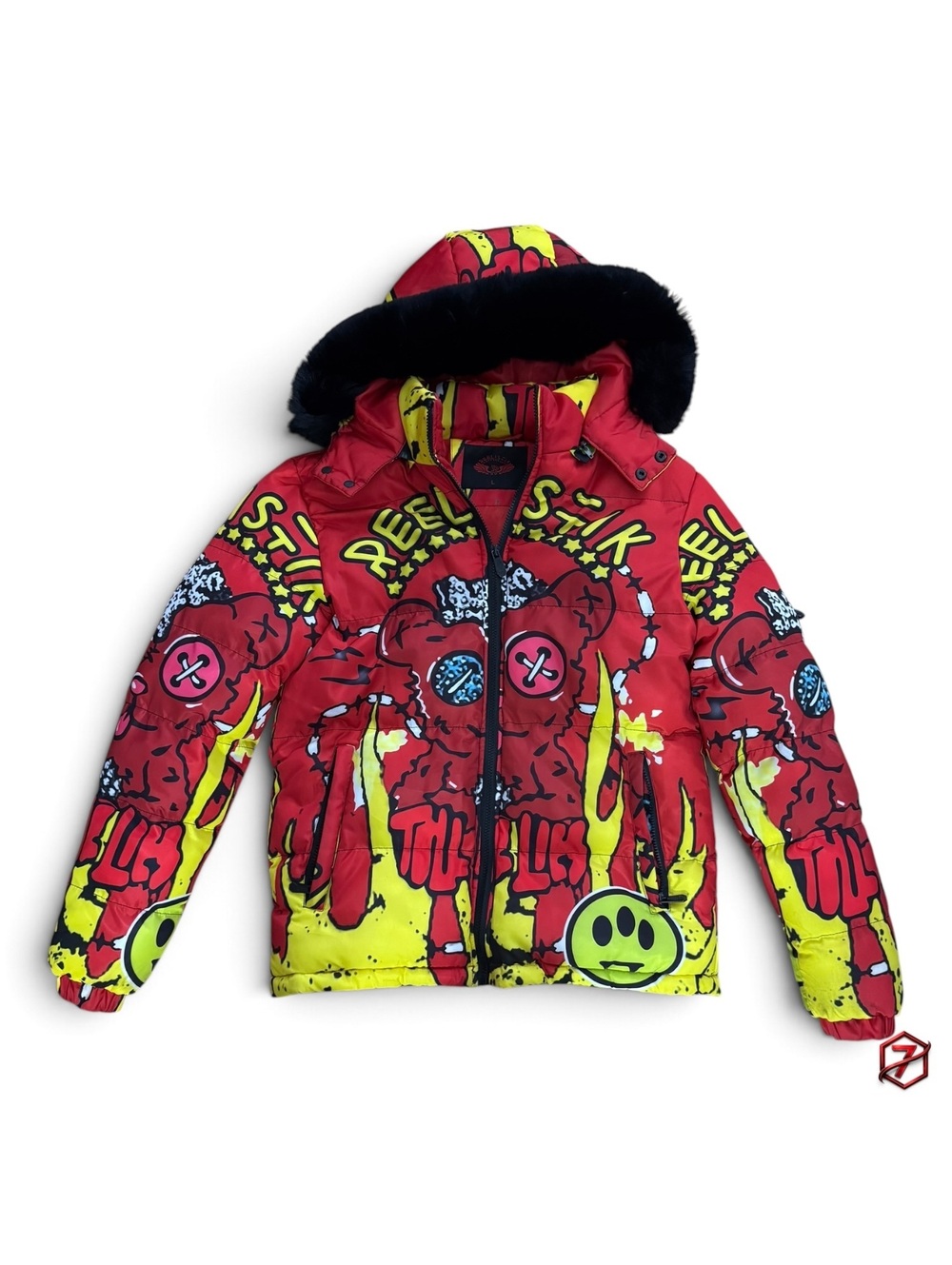 Reelistik RST Puffer Jacket Red Yellow Graphic Faux Fur Hood Size L